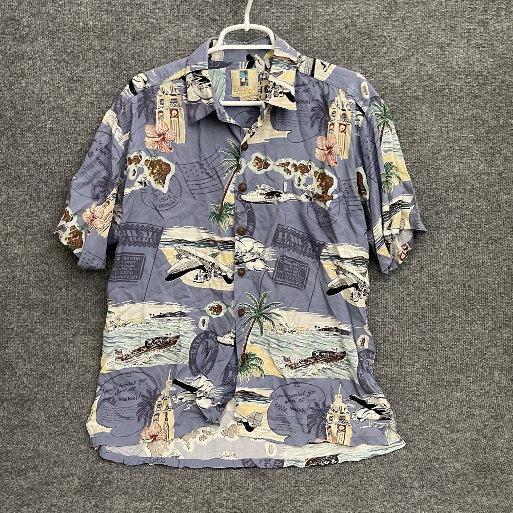 KAHALA Hawaiian 100% Rayon Shirt Mens Sz M Short Sleeve Hawaiian Fleet Airplane